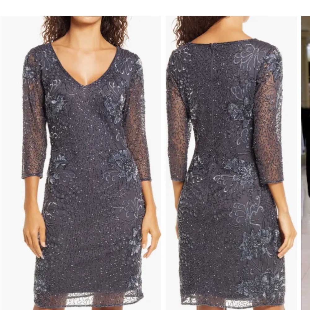 Pisarro Nights Gray Sheath Dress V-Neck 3/4 Sleeve